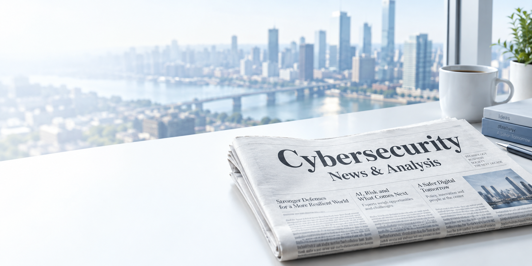 サイバーセキュリティをテーマにした新聞と都市のイメージ